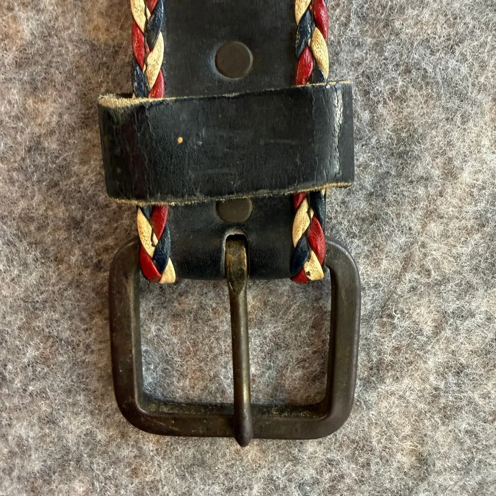 Leather Belt Women 38 Cowhide Leather Black Red White Blue Braided Trim Western